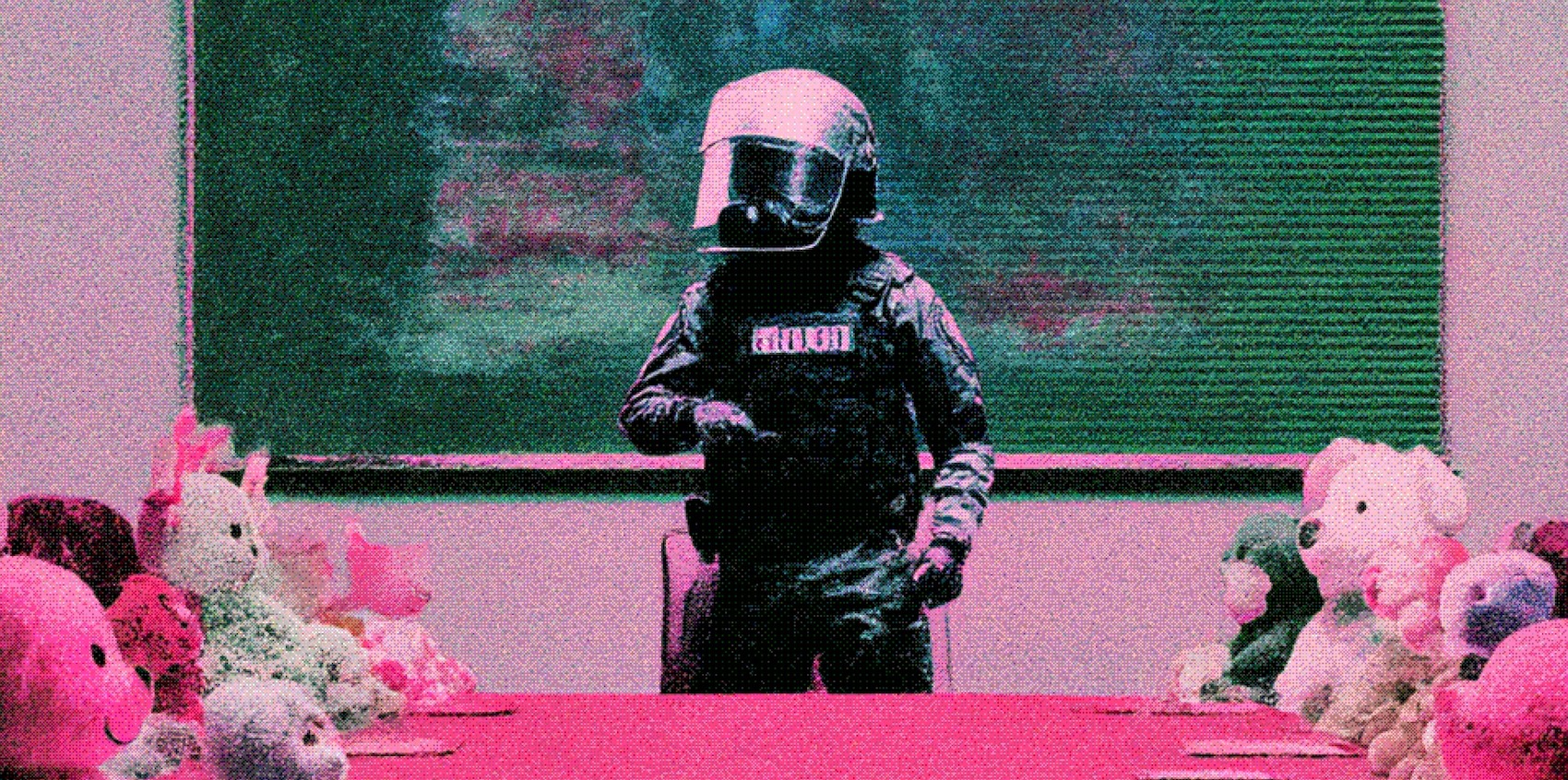 Pink-tinted dithered image of a figure in riot gear at a table lined with stuffed toys